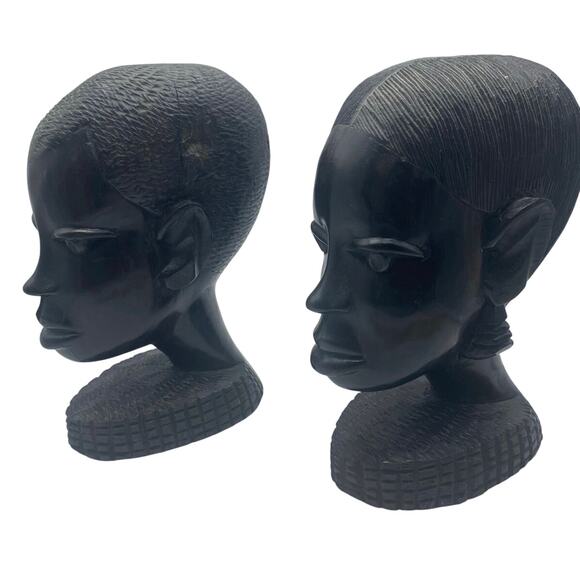 Vintage African Hand Carved‎ Ebony Wood Sculpture  Heads set of two - Picture 3 of 8